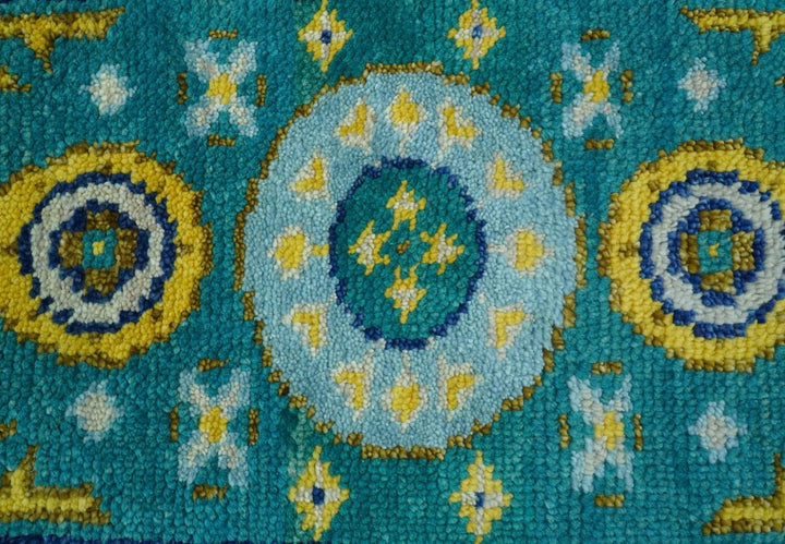 Hand knotted 2x3 Yellow And Teal Traditional Khotan Design Wool Area Rug - The Rug Decor