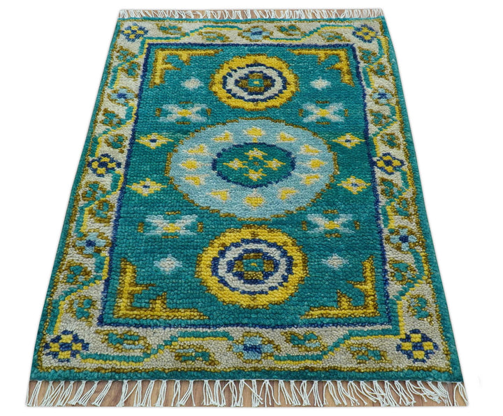 Hand knotted 2x3 Yellow And Teal Traditional Khotan Design Wool Area Rug - The Rug Decor