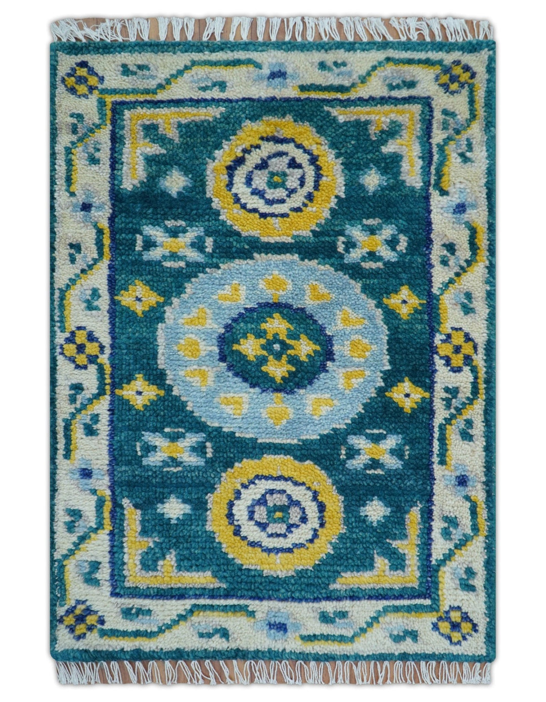 Hand knotted 2x3 Yellow And Teal Traditional Khotan Design Wool Area Rug - The Rug Decor