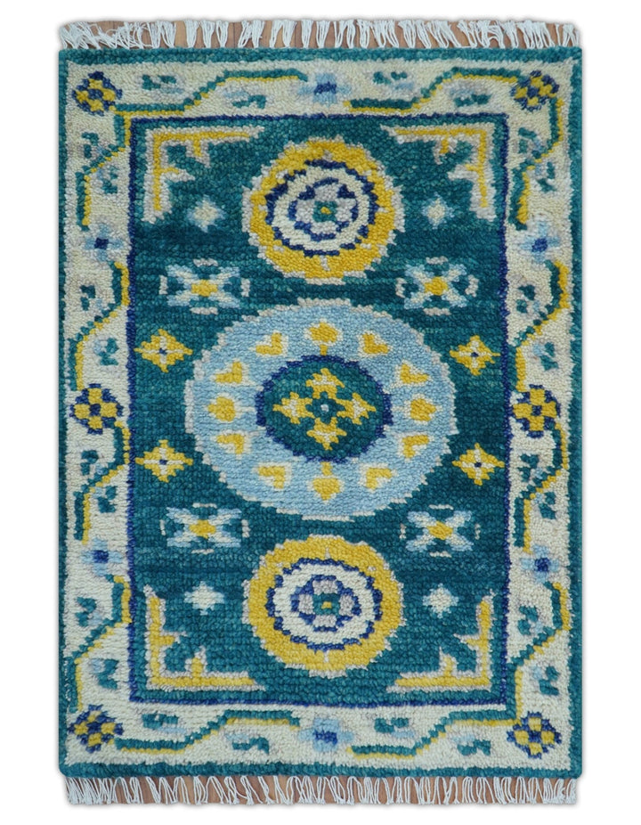 Hand knotted 2x3 Yellow And Teal Traditional Khotan Design Wool Area Rug - The Rug Decor
