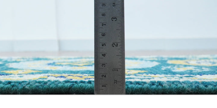 Hand knotted 2x3 Yellow And Teal Traditional Khotan Design Wool Area Rug - The Rug Decor