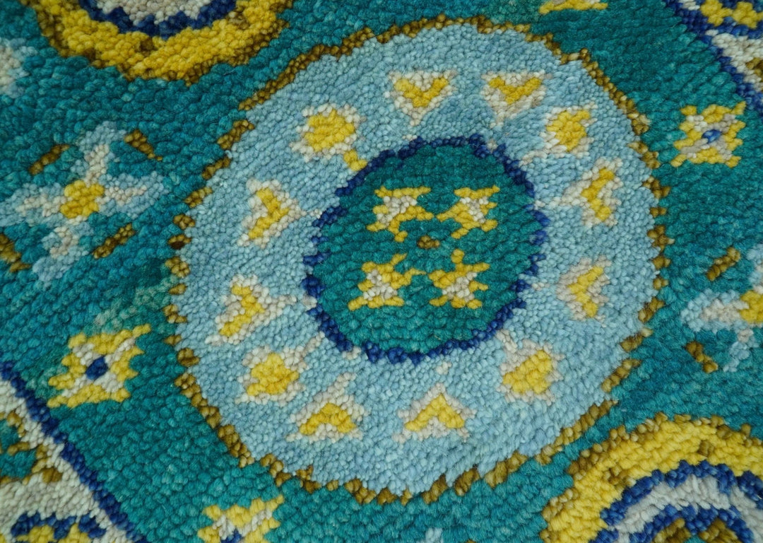 Hand knotted 2x3 Yellow And Teal Traditional Khotan Design Wool Area Rug - The Rug Decor