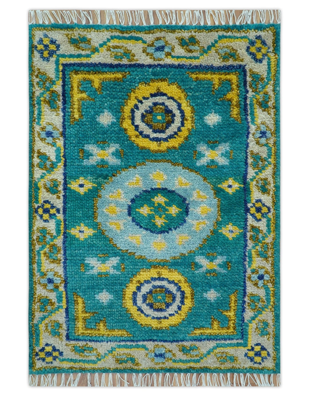 Hand knotted 2x3 Yellow And Teal Traditional Khotan Design Wool Area Rug - The Rug Decor