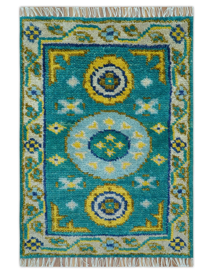 Hand knotted 2x3 Yellow And Teal Traditional Khotan Design Wool Area Rug - The Rug Decor