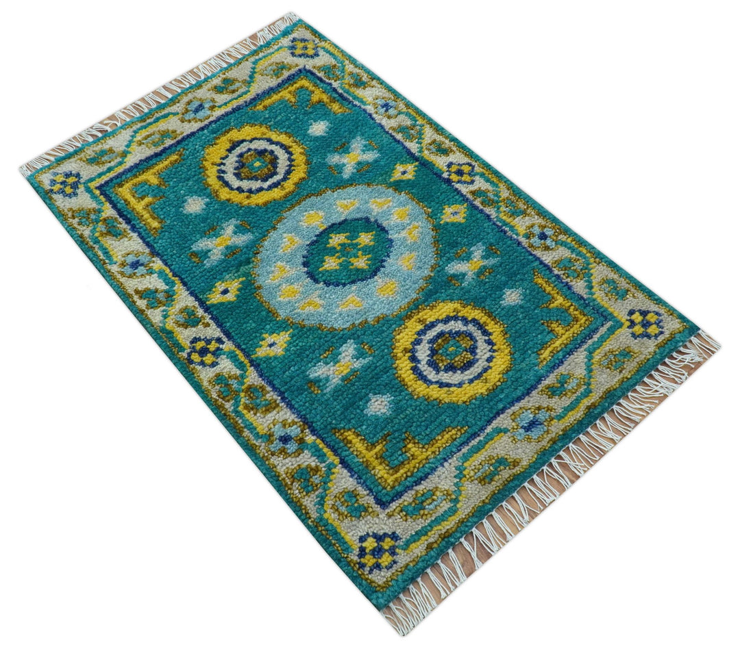 Hand knotted 2x3 Yellow And Teal Traditional Khotan Design Wool Area Rug - The Rug Decor