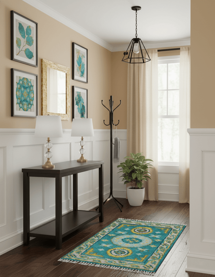 Hand knotted 2x3 Yellow And Teal Traditional Khotan Design Wool Area Rug - The Rug Decor