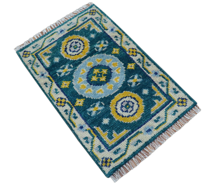 Hand knotted 2x3 Yellow And Teal Traditional Khotan Design Wool Area Rug - The Rug Decor