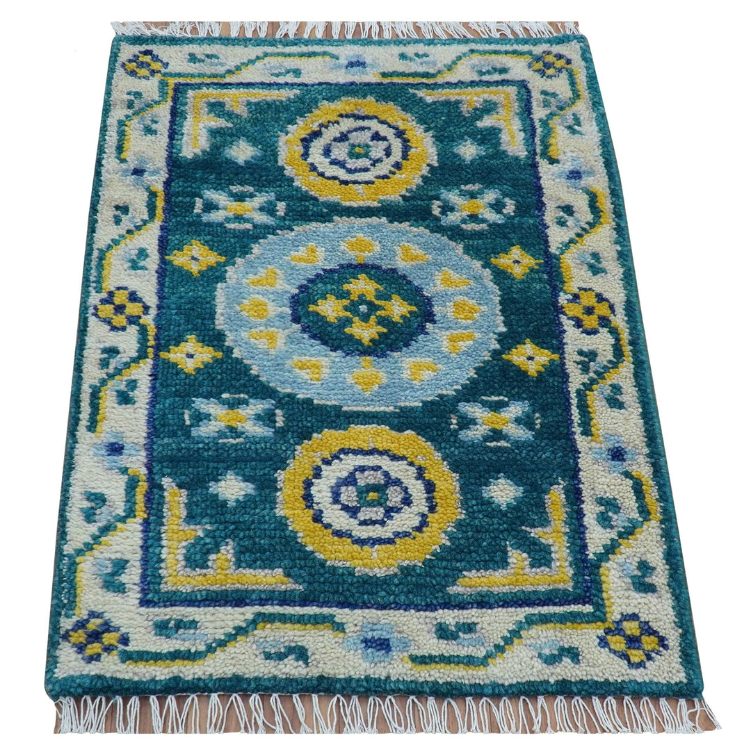 Hand knotted 2x3 Yellow And Teal Traditional Khotan Design Wool Area Rug - The Rug Decor