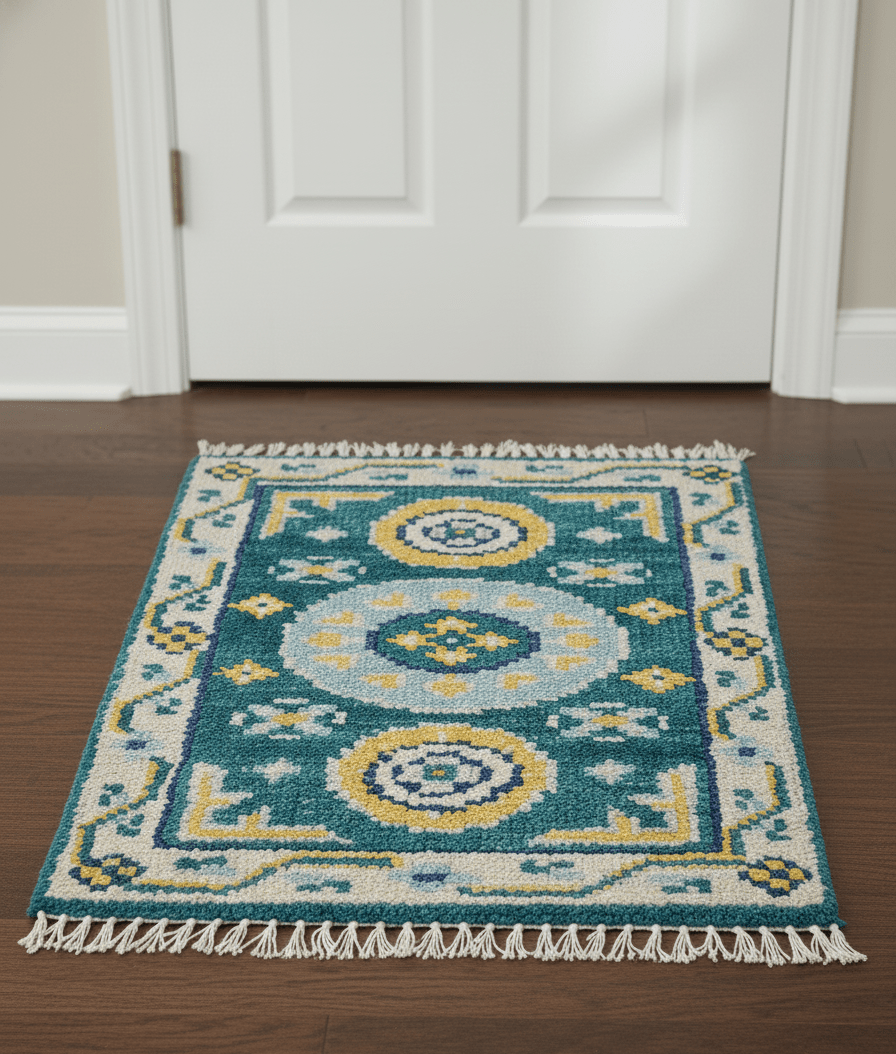 Hand knotted 2x3 Yellow And Teal Traditional Khotan Design Wool Area Rug - The Rug Decor