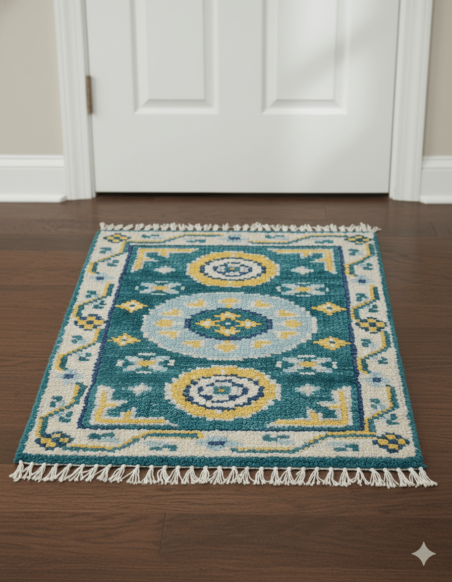 Hand knotted 2x3 Yellow And Teal Traditional Khotan Design Wool Area Rug - The Rug Decor