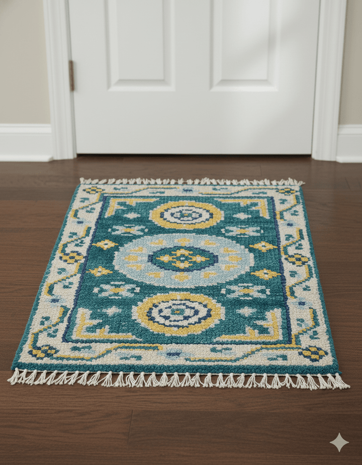 Hand knotted 2x3 Yellow And Teal Traditional Khotan Design Wool Area Rug - The Rug Decor