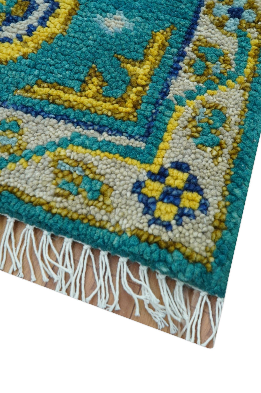 Hand knotted 2x3 Yellow And Teal Traditional Khotan Design Wool Area Rug - The Rug Decor