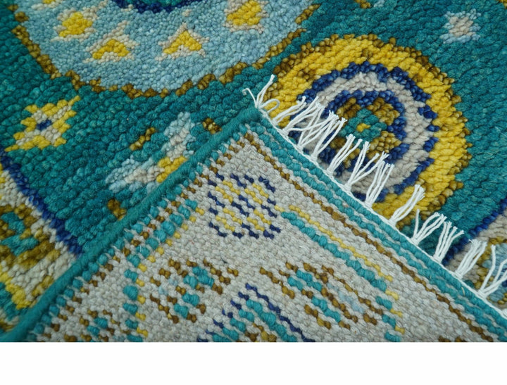 Hand knotted 2x3 Yellow And Teal Traditional Khotan Design Wool Area Rug - The Rug Decor