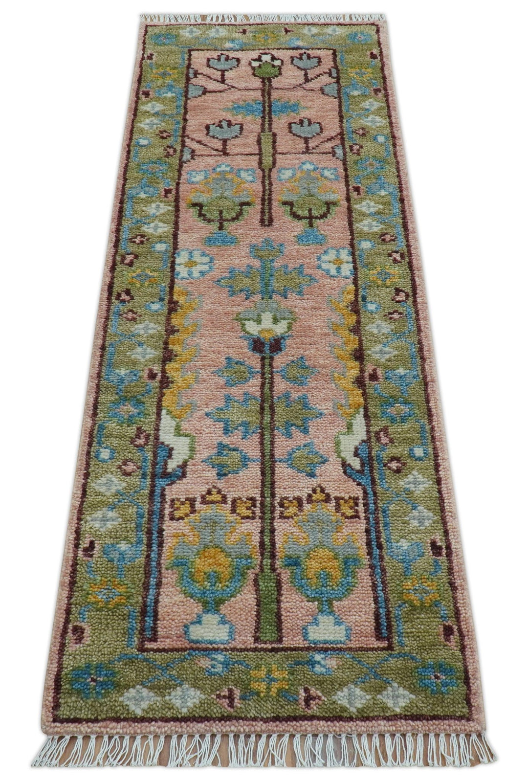 Hand knotted 2x6 Peach And Green Traditional Oushak Design Wool Area Rug - The Rug Decor