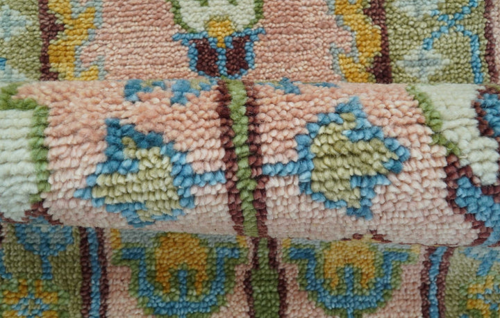 Hand knotted 2x6 Peach And Green Traditional Oushak Design Wool Area Rug - The Rug Decor