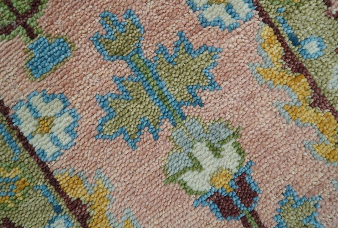 Hand knotted 2x6 Peach And Green Traditional Oushak Design Wool Area Rug - The Rug Decor