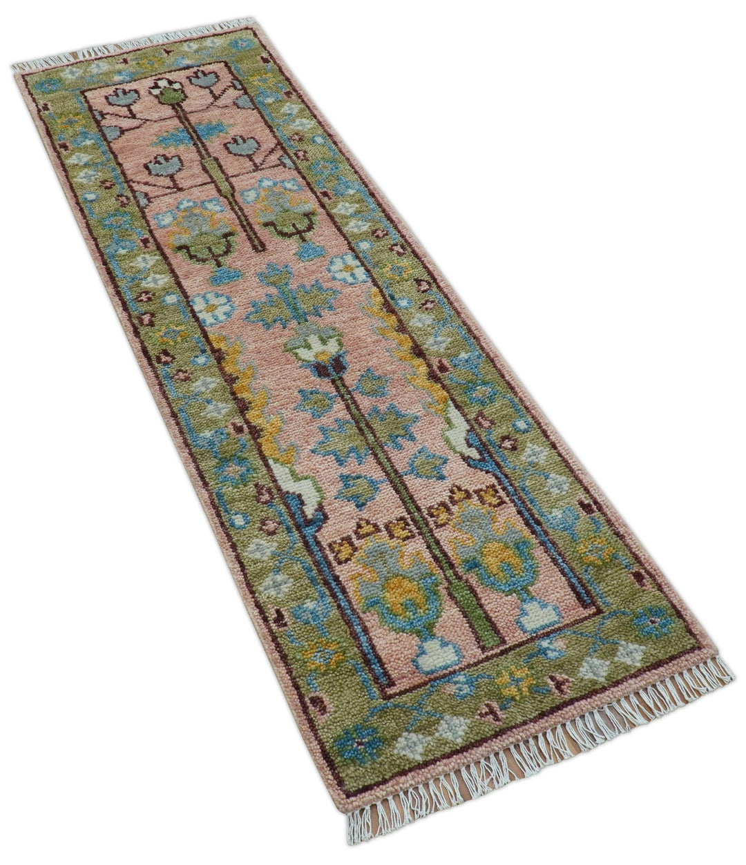 Hand knotted 2x6 Peach And Green Traditional Oushak Design Wool Area Rug - The Rug Decor