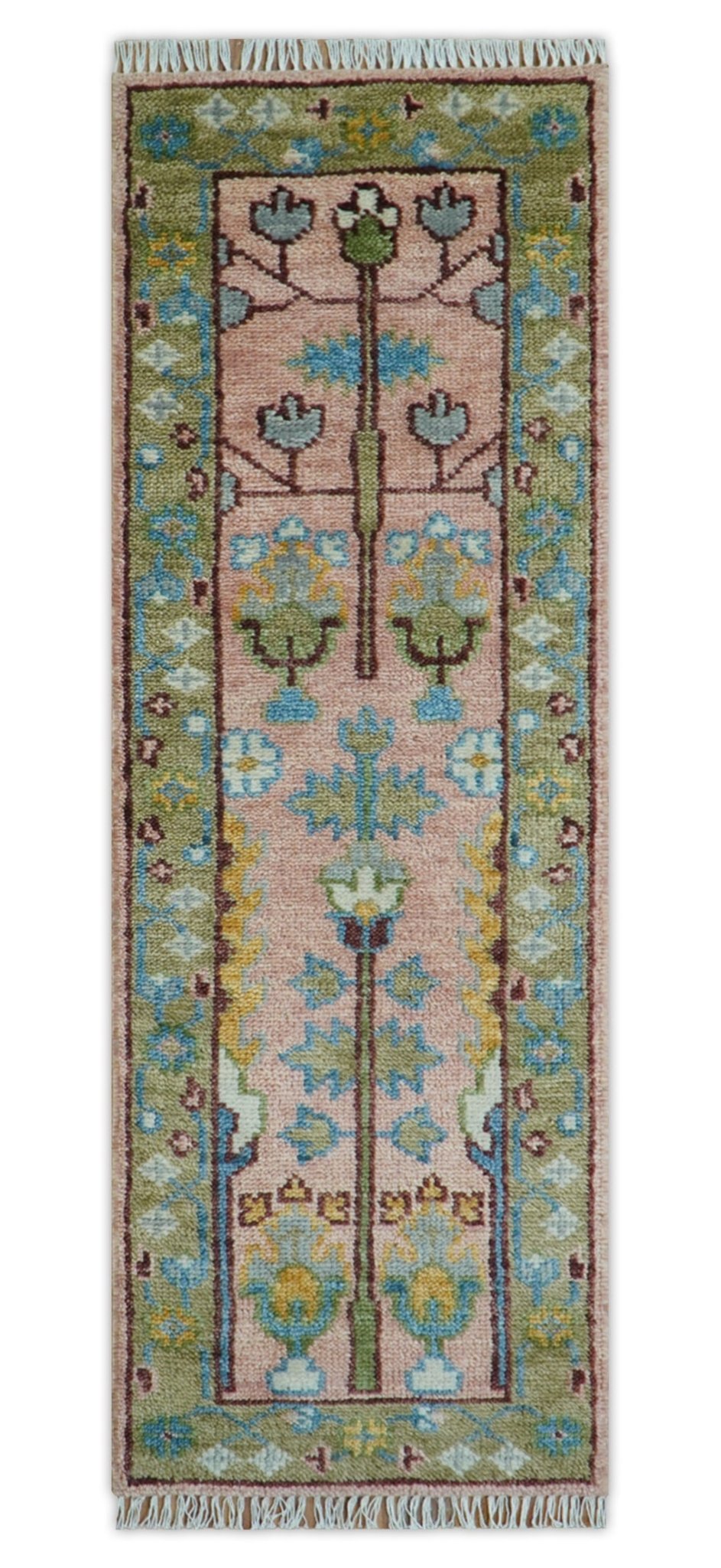 Hand knotted 2x6 Peach And Green Traditional Oushak Design Wool Area Rug - The Rug Decor