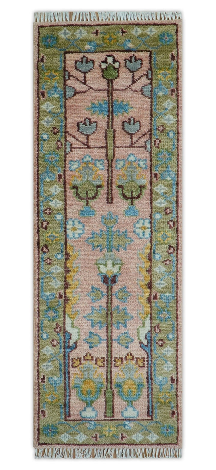 Hand knotted 2x6 Peach And Green Traditional Oushak Design Wool Area Rug - The Rug Decor