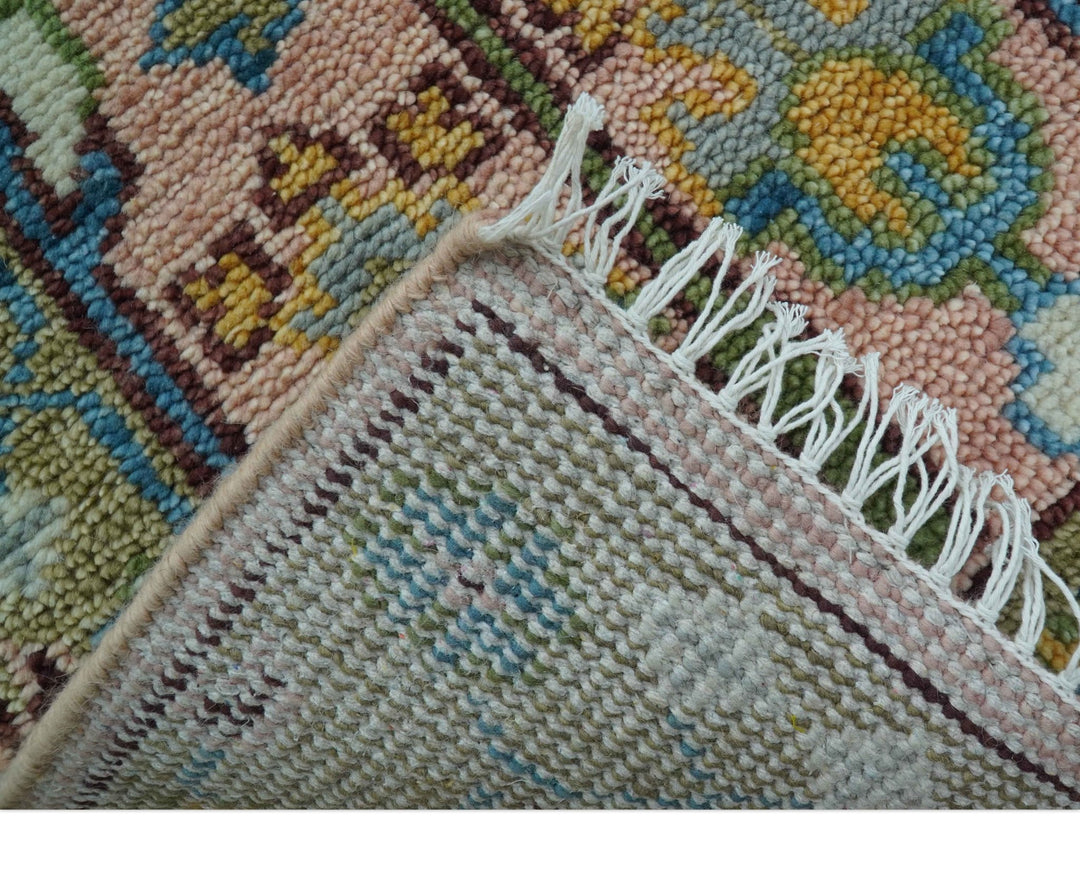 Hand knotted 2x6 Peach And Green Traditional Oushak Design Wool Area Rug - The Rug Decor