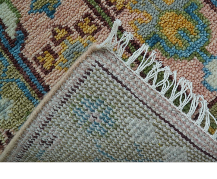 Hand knotted 2x6 Peach And Green Traditional Oushak Design Wool Area Rug - The Rug Decor