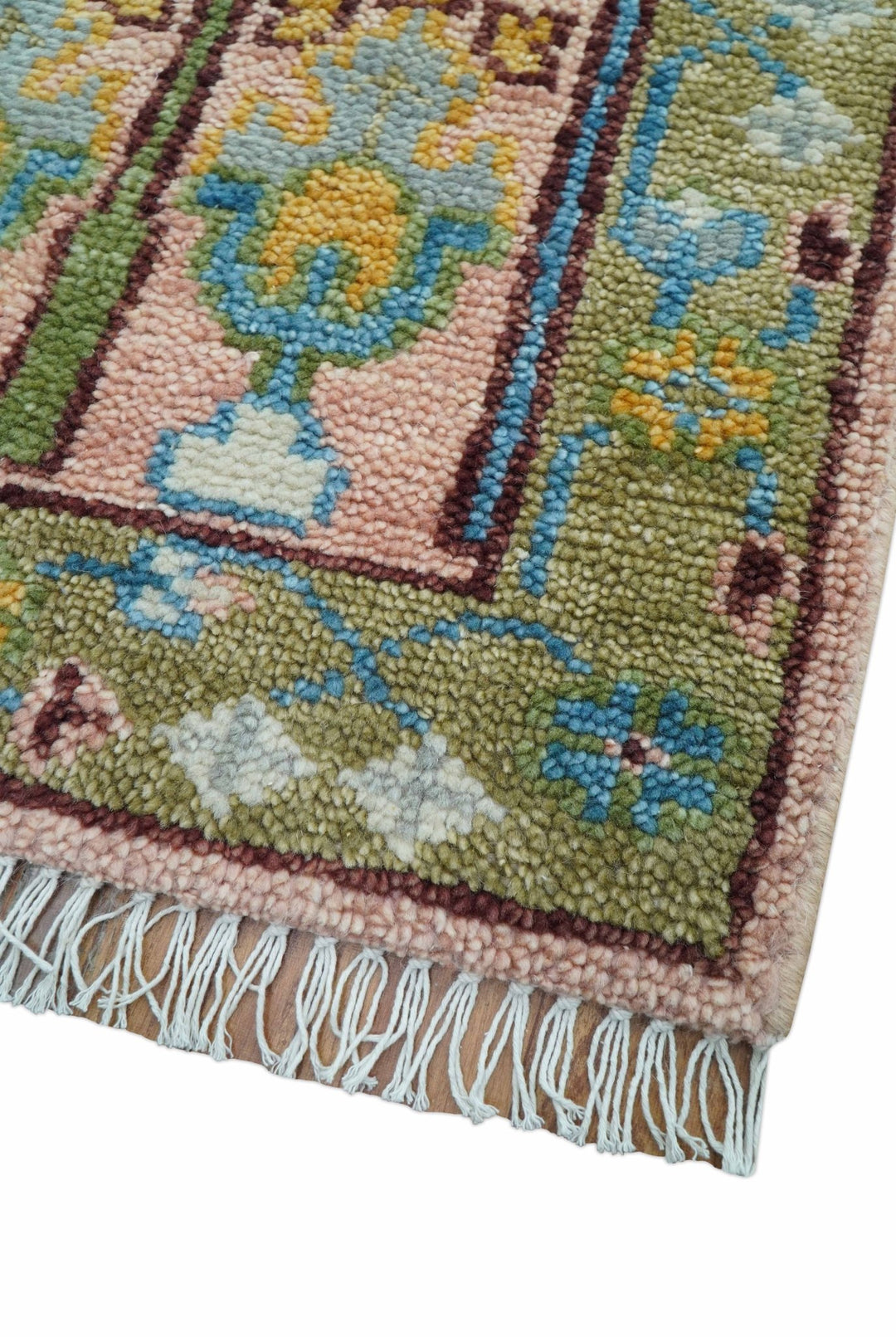 Hand knotted 2x6 Peach And Green Traditional Oushak Design Wool Area Rug - The Rug Decor