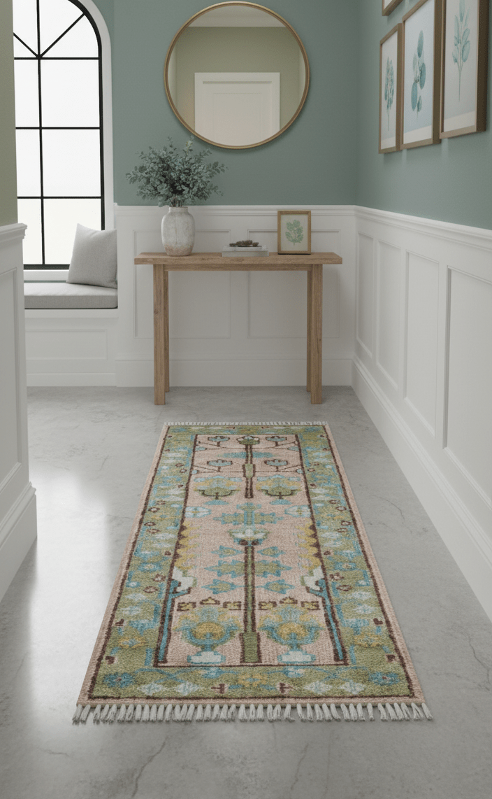 Hand knotted 2x6 Peach And Green Traditional Oushak Design Wool Area Rug - The Rug Decor