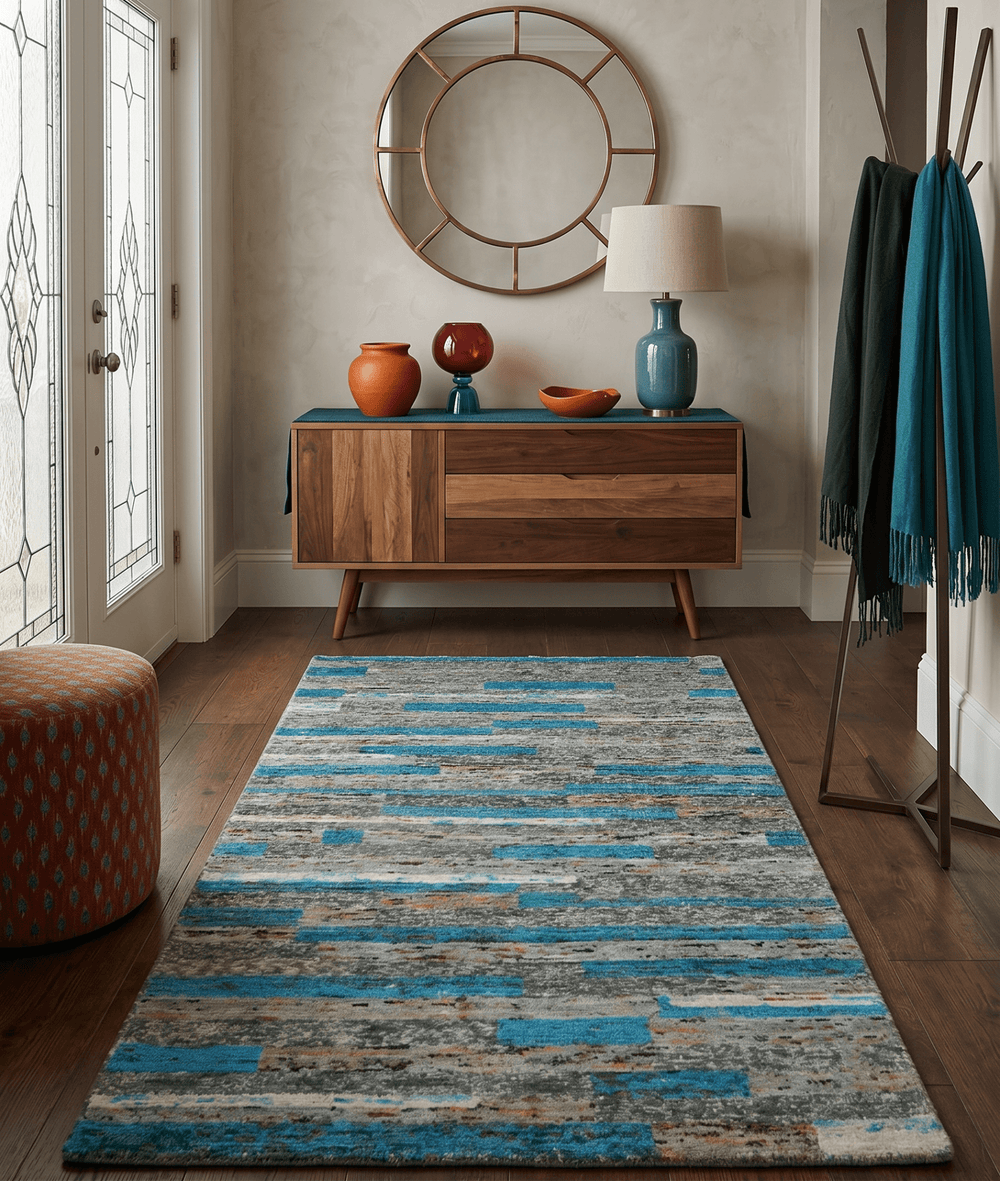 Hand Knotted 4.5x6.5 Gray, Ivory and Blue Modern Abstract Recycled Silk Area Rug - The Rug Decor