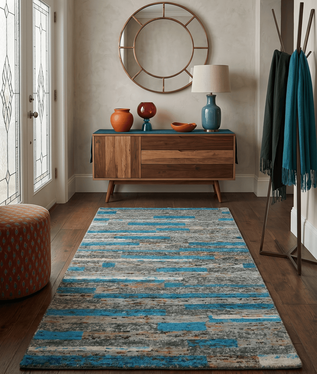 Hand Knotted 4.5x6.5 Gray, Ivory and Blue Modern Abstract Recycled Silk Area Rug - The Rug Decor