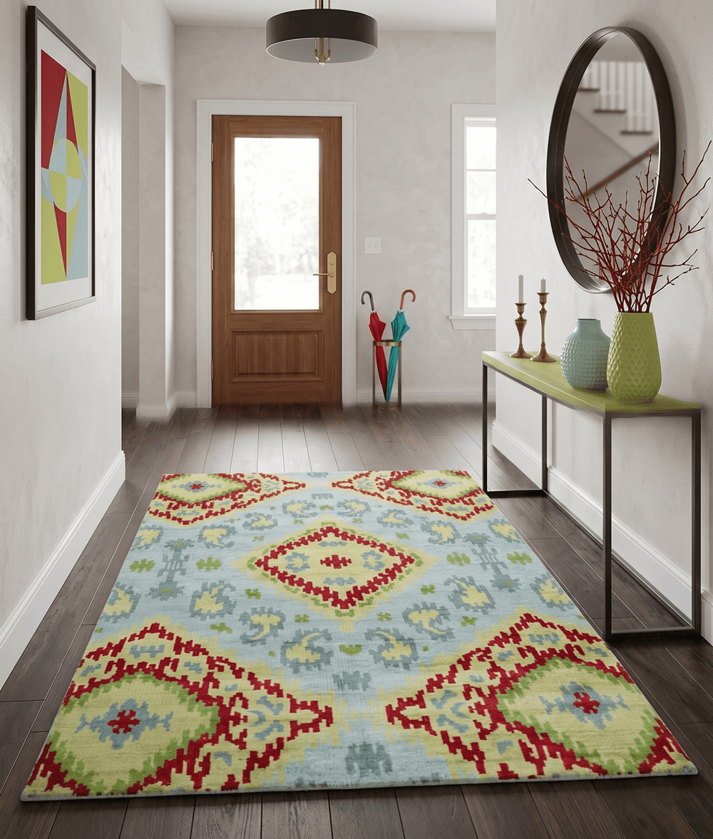 Hand Knotted 4.5x6.5 Silver, Mustard and Red Recycled Silk Area Rug - The Rug Decor