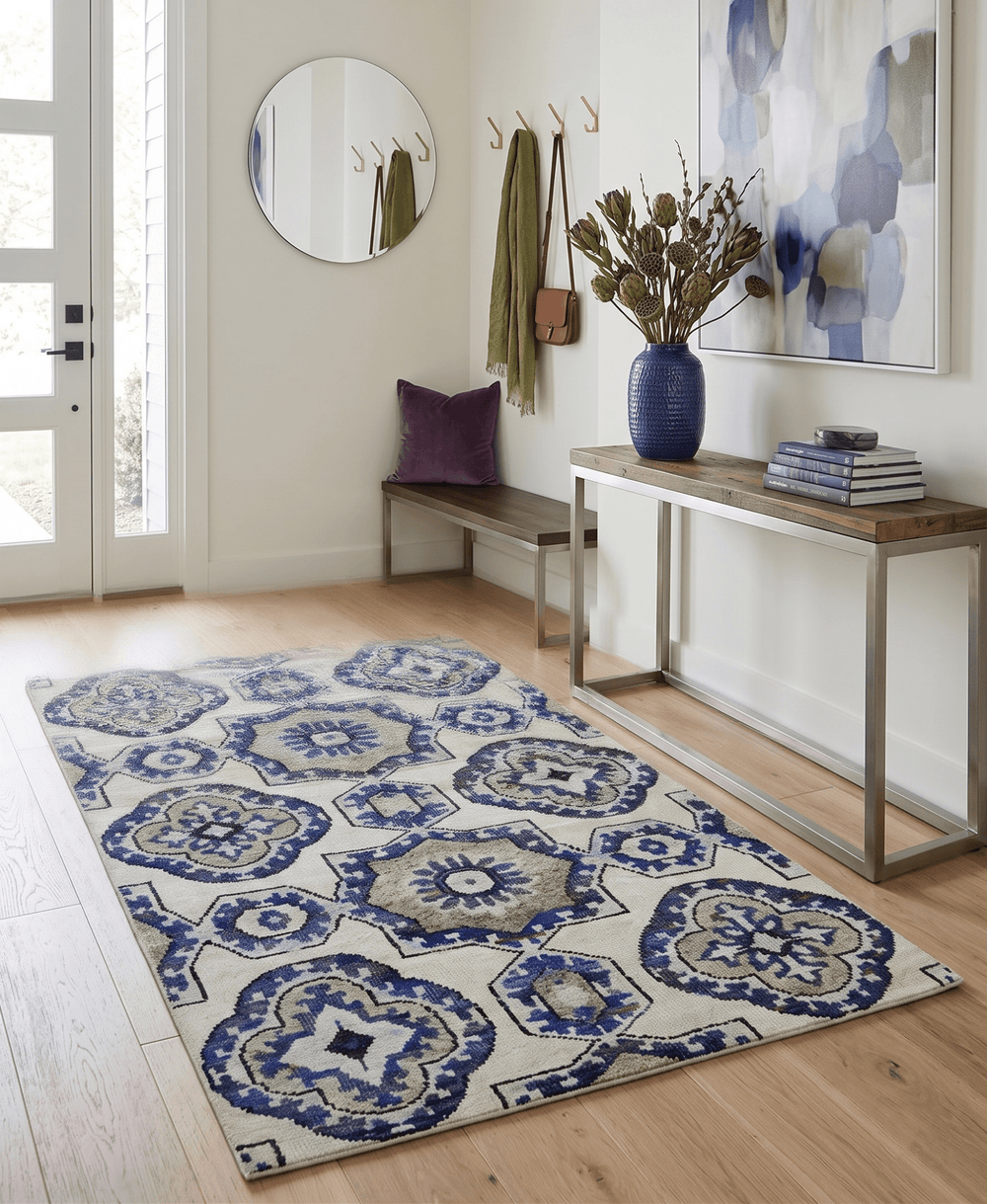Hand Knotted 5x8 Beige, Blue and Olive Modern Style Recycled Silk Area Rug - The Rug Decor
