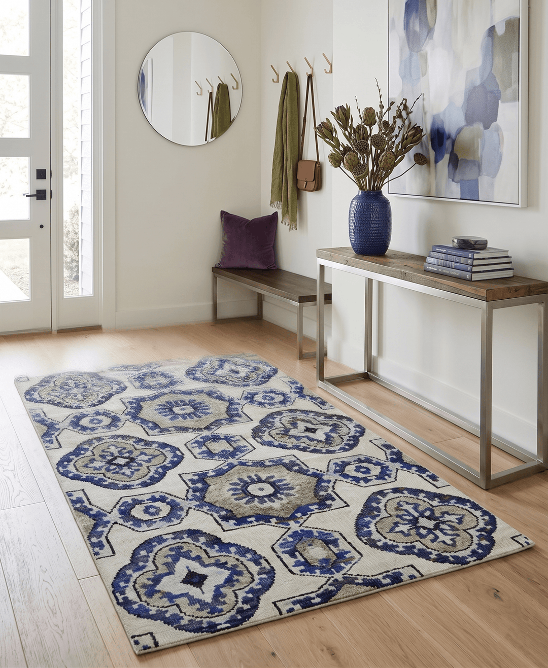 Hand Knotted 5x8 Beige, Blue and Olive Modern Style Recycled Silk Area Rug - The Rug Decor