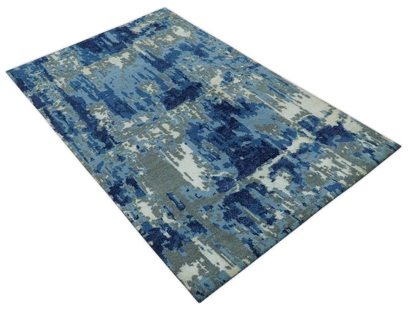 Hand Knotted 5x8 Blue, Gray and Ivory Modern Abstract wool area Rug - The Rug Decor