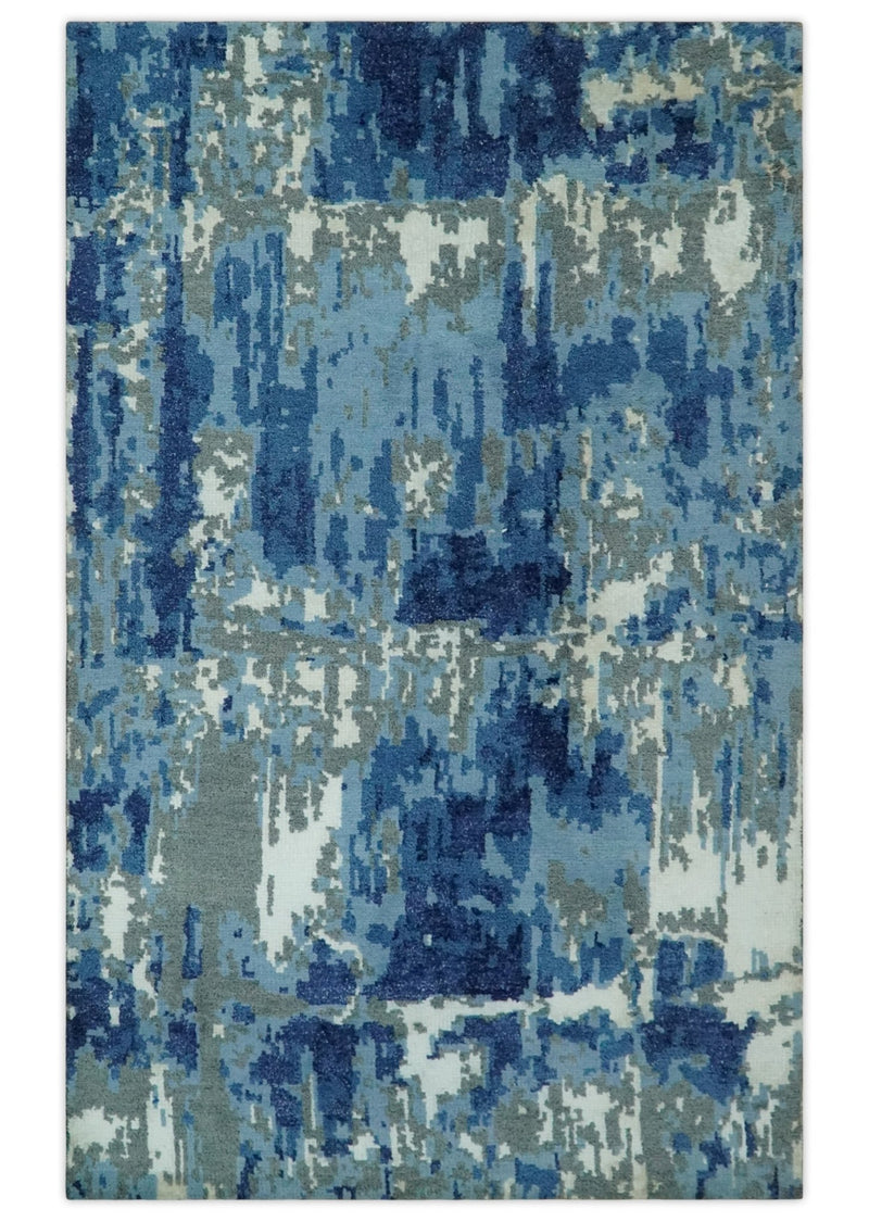 Hand Knotted 5x8 Blue, Gray and Ivory Modern Abstract wool area Rug - The Rug Decor