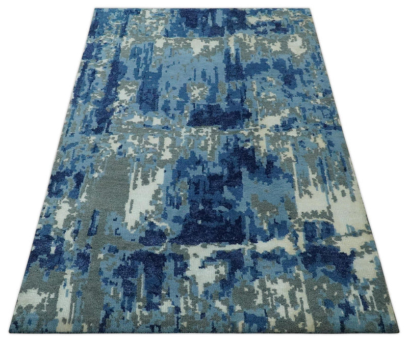 Hand Knotted 5x8 Blue, Gray and Ivory Modern Abstract wool area Rug - The Rug Decor