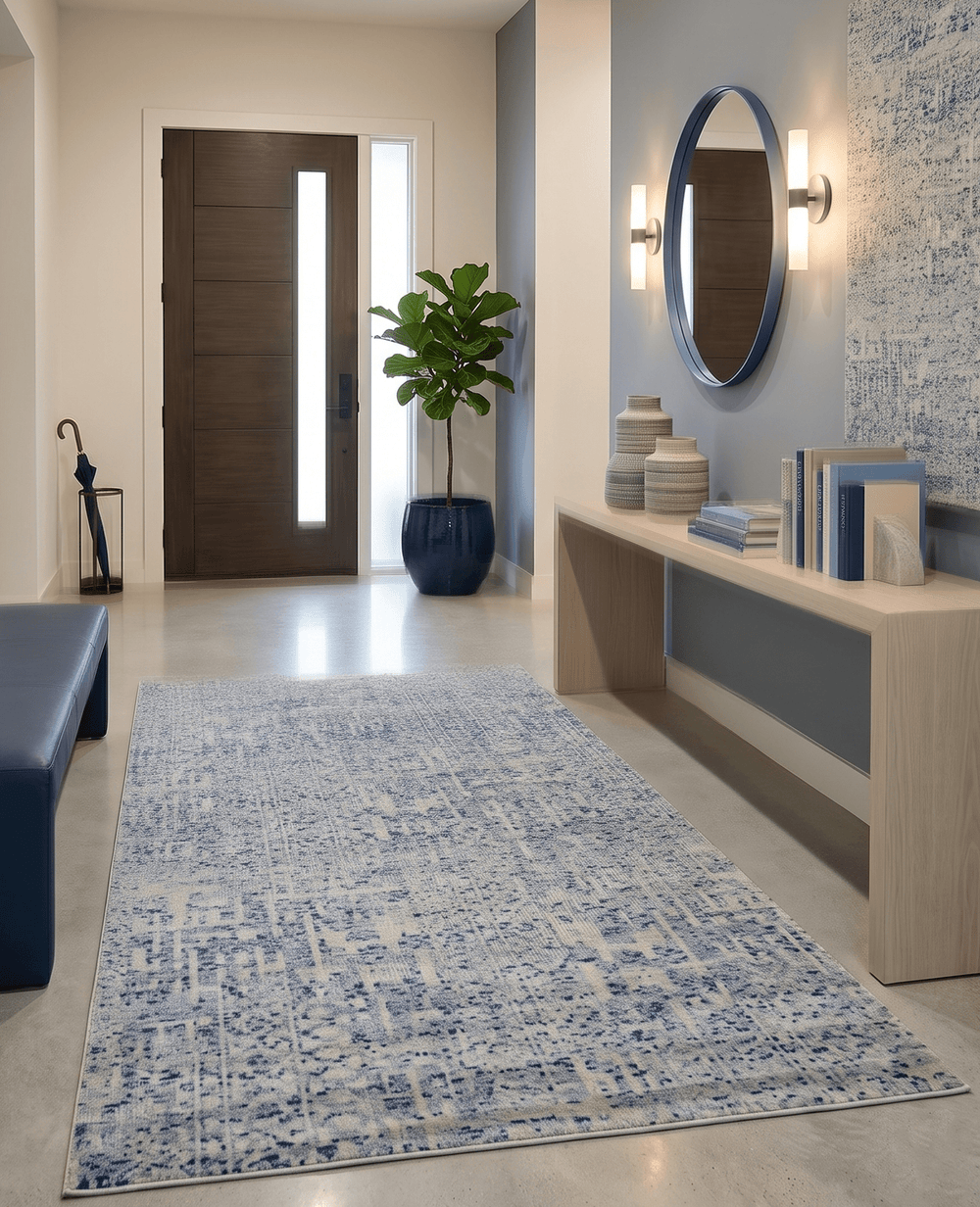 Hand Knotted 5x8 Ivory and Blue Modern Contemporary Recycled Silk Area Rug - The Rug Decor