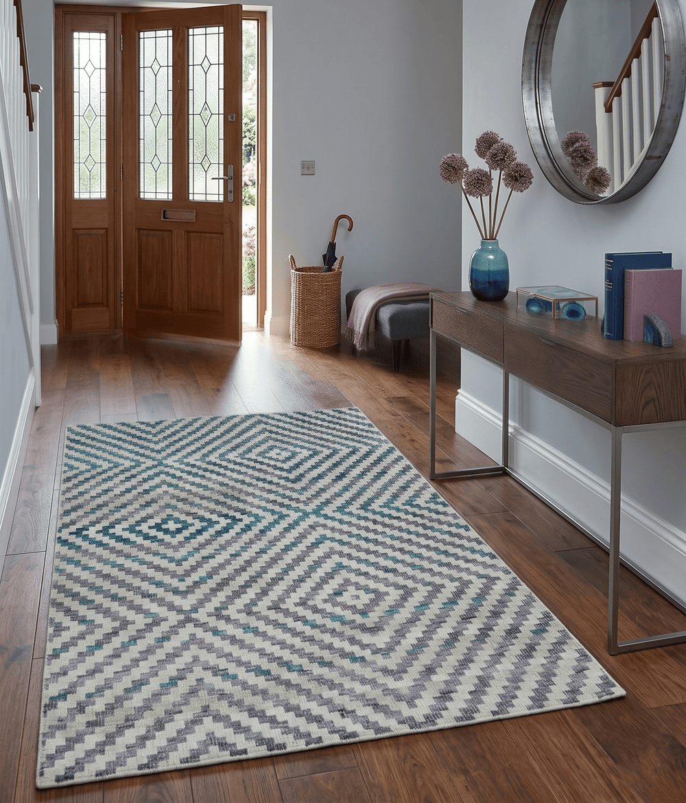 Hand Knotted 5x8 Ivory, Blue and Purple Geometric Style Bamboo Silk Area Rug - The Rug Decor