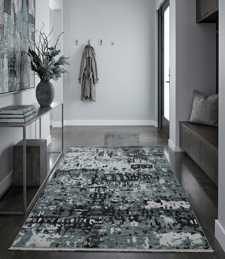 Hand Knotted 5x8 Ivory, Teal and Black Modern Abstract Recycled Silk Area Rug - The Rug Decor