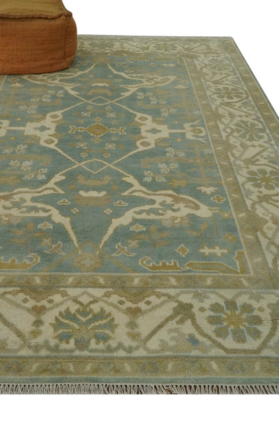 Hand Knotted 6x8.6 and 6x9 Teal, Ivory and Olive Traditional Oriental Oushak wool rug - The Rug Decor