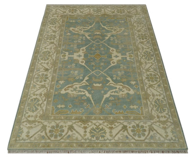 Hand Knotted 6x8.6 and 6x9 Teal, Ivory and Olive Traditional Oriental Oushak wool rug - The Rug Decor