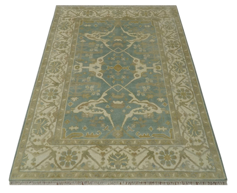 Hand Knotted 6x8.6 and 6x9 Teal, Ivory and Olive Traditional Oriental Oushak wool rug - The Rug Decor