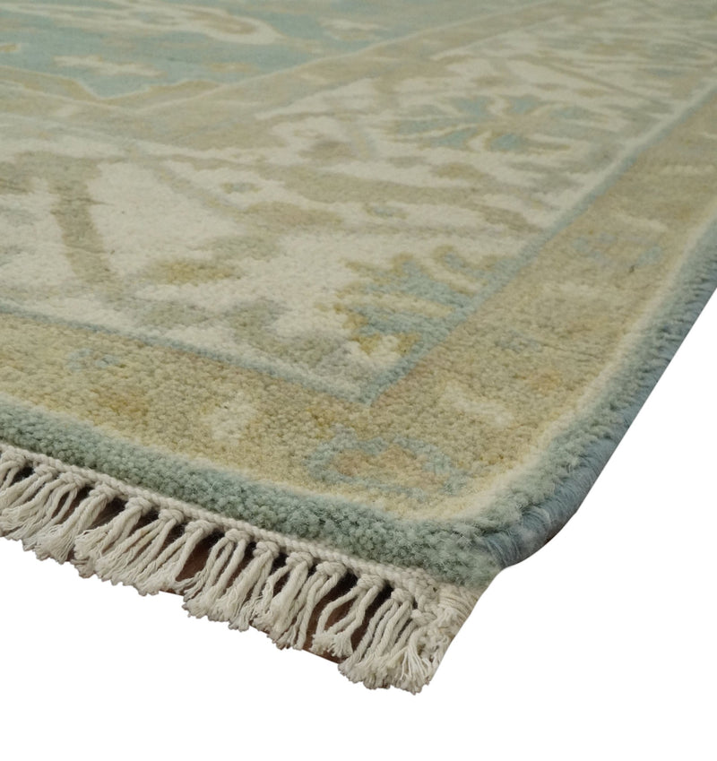 Hand Knotted 6x8.6 and 6x9 Teal, Ivory and Olive Traditional Oriental Oushak wool rug - The Rug Decor