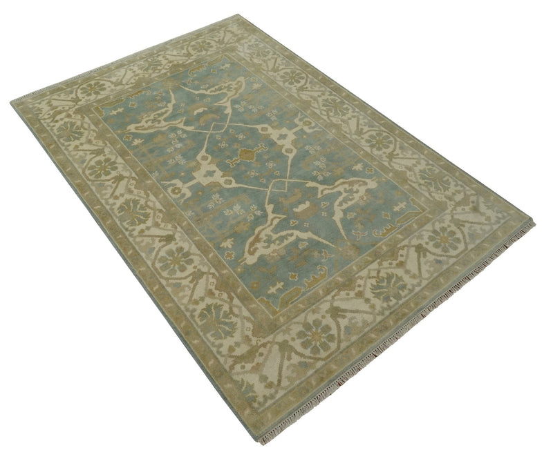 Hand Knotted 6x8.6 and 6x9 Teal, Ivory and Olive Traditional Oriental Oushak wool rug - The Rug Decor