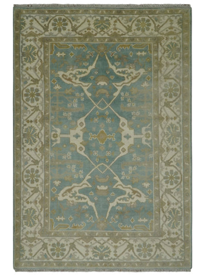 Hand Knotted 6x8.6 and 6x9 Teal, Ivory and Olive Traditional Oriental Oushak wool rug - The Rug Decor