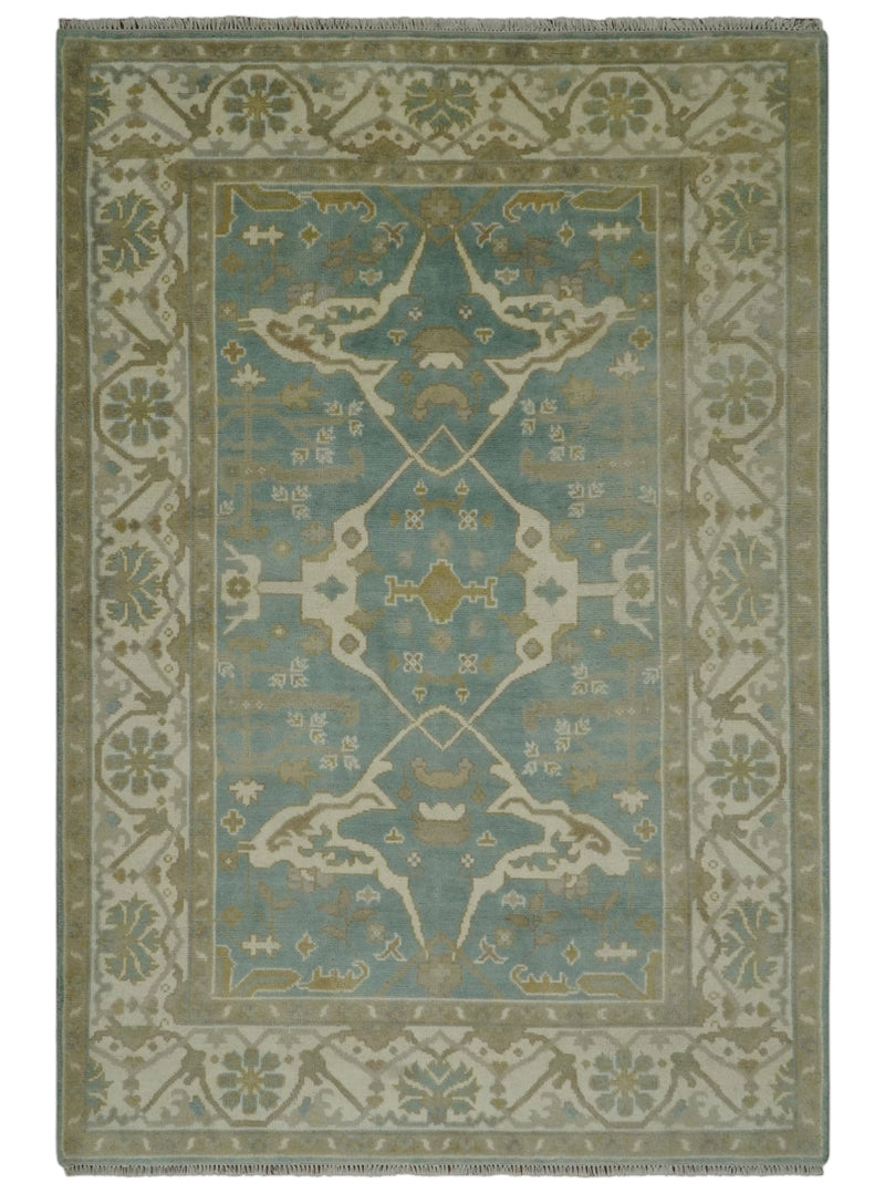 Hand Knotted 6x8.6 and 6x9 Teal, Ivory and Olive Traditional Oriental Oushak wool rug - The Rug Decor