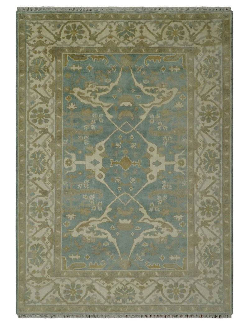 Hand Knotted 6x8.6 and 6x9 Teal, Ivory and Olive Traditional Oriental Oushak wool rug - The Rug Decor