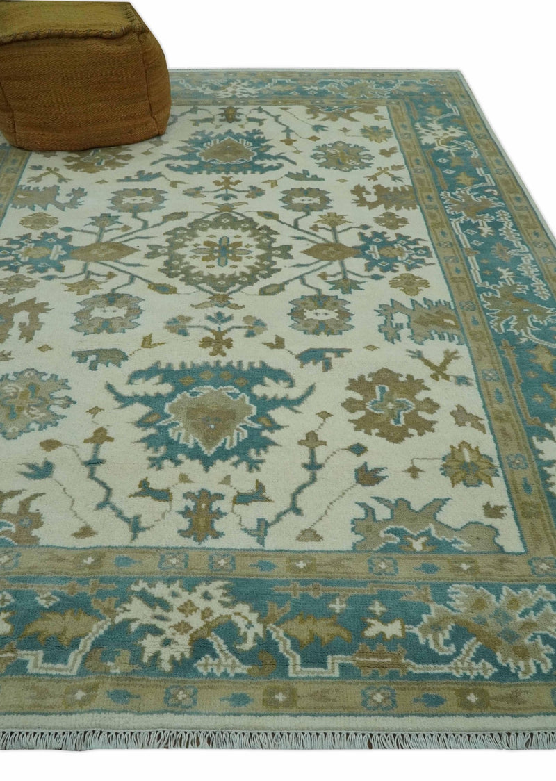 Hand Knotted 6x9 Ivory, Teal and Beige Traditional Oriental Oushak wool rug - The Rug Decor