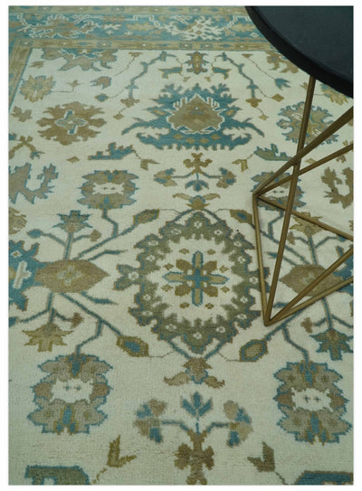 Hand Knotted 6x9 Ivory, Teal and Beige Traditional Oriental Oushak wool rug - The Rug Decor