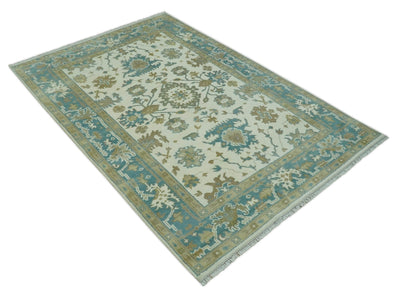 Hand Knotted 6x9 Ivory, Teal and Beige Traditional Oriental Oushak wool rug - The Rug Decor