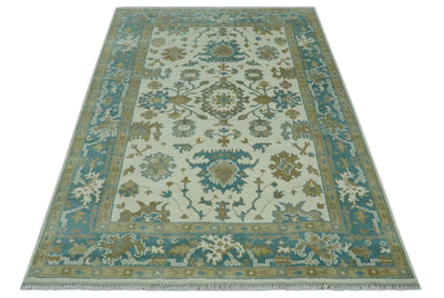 Hand Knotted 6x9 Ivory, Teal and Beige Traditional Oriental Oushak wool rug - The Rug Decor